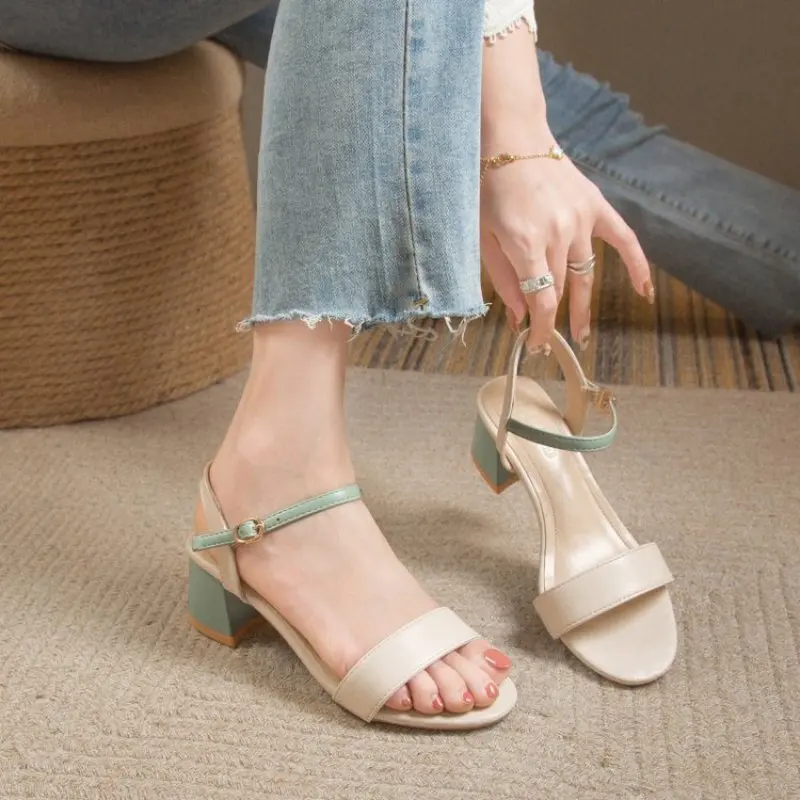 

New Fashion Chunky Heel Sandals Women Summer Small Simple Semi-high Heeled High Heel Casual Wide Fat Feet Plus Size 41 42 43