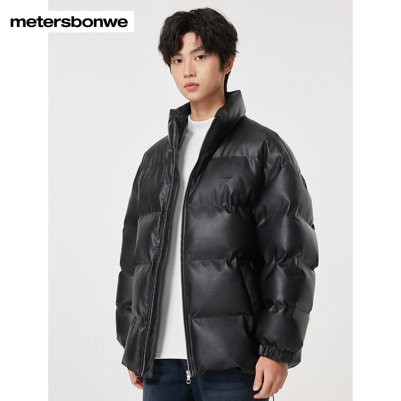 Metersbonwe Black PU Cotton Coat Men Standing Collar Artificial Leather Loose Coat Winter New 23 Thick Warm Cotton Jacket Brand