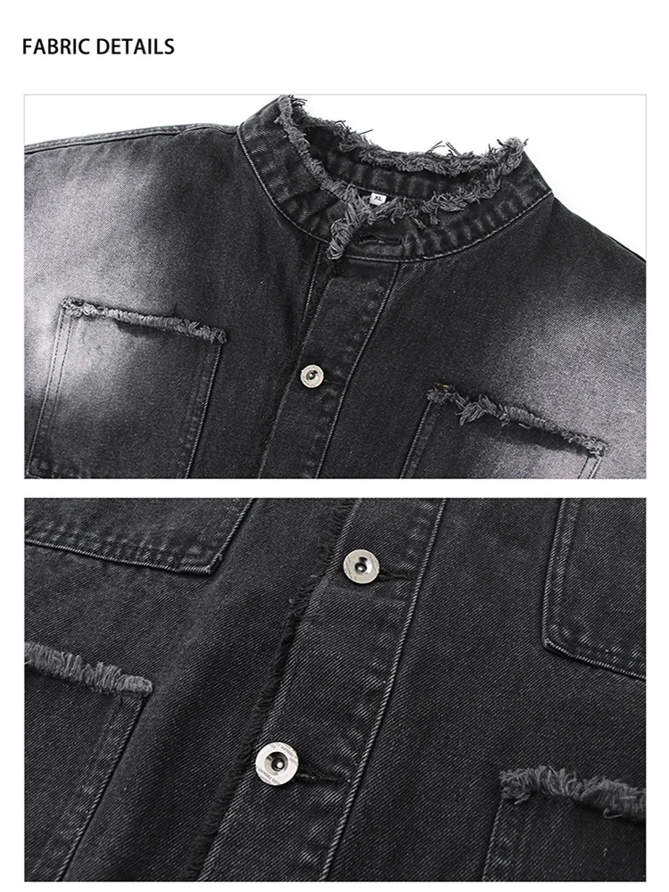 Niche Washed Raw Edge Denim Jacket Men's Gradient Color Trendy Retro Short Loose Coats Youth American Broad Shoulder Streetwear