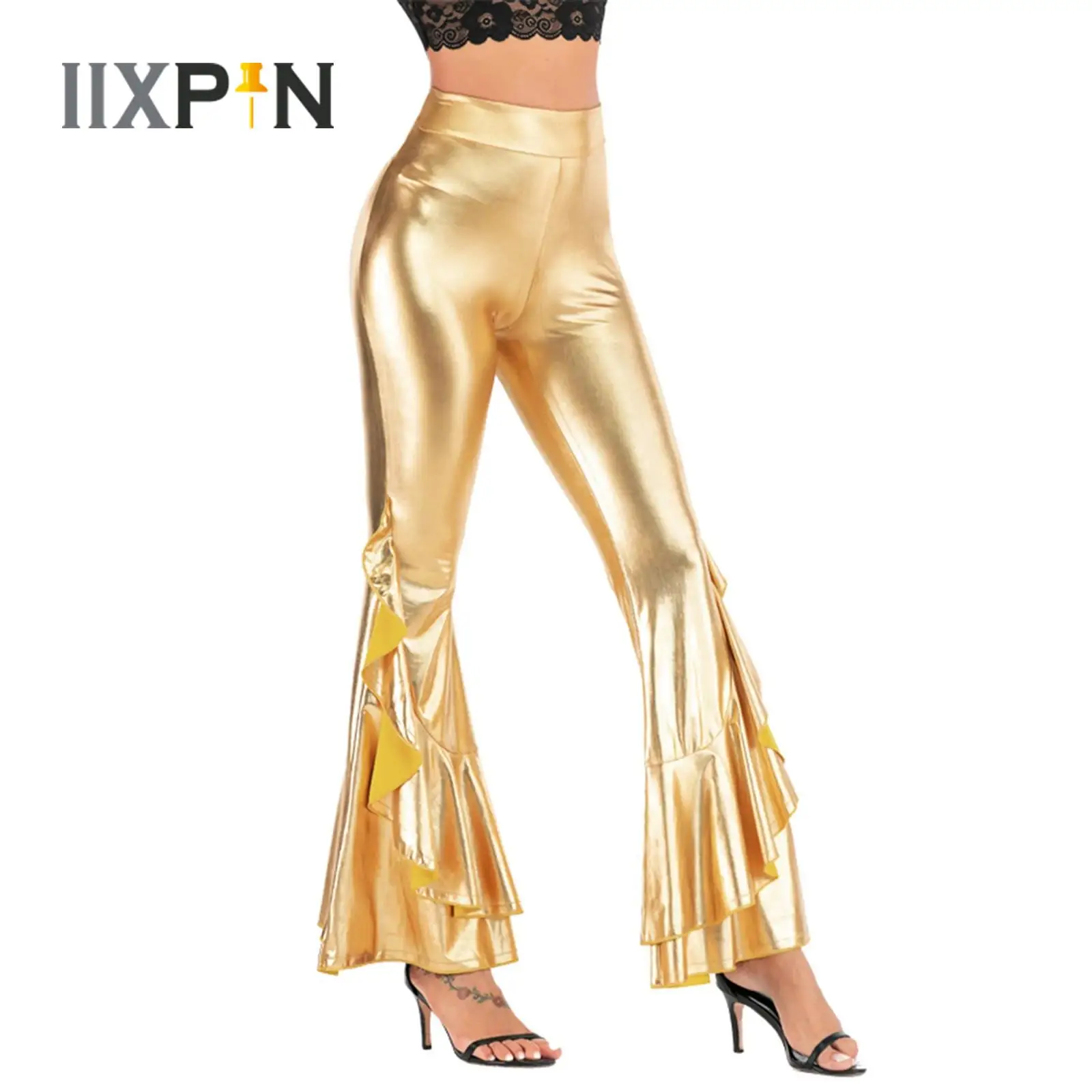 

Jazz Disco Dance Pants Womens Fashion Metallic Ruffle Flared Pants High Waist Bell-Bottomed Trousers Raves Party Latin Dancewear