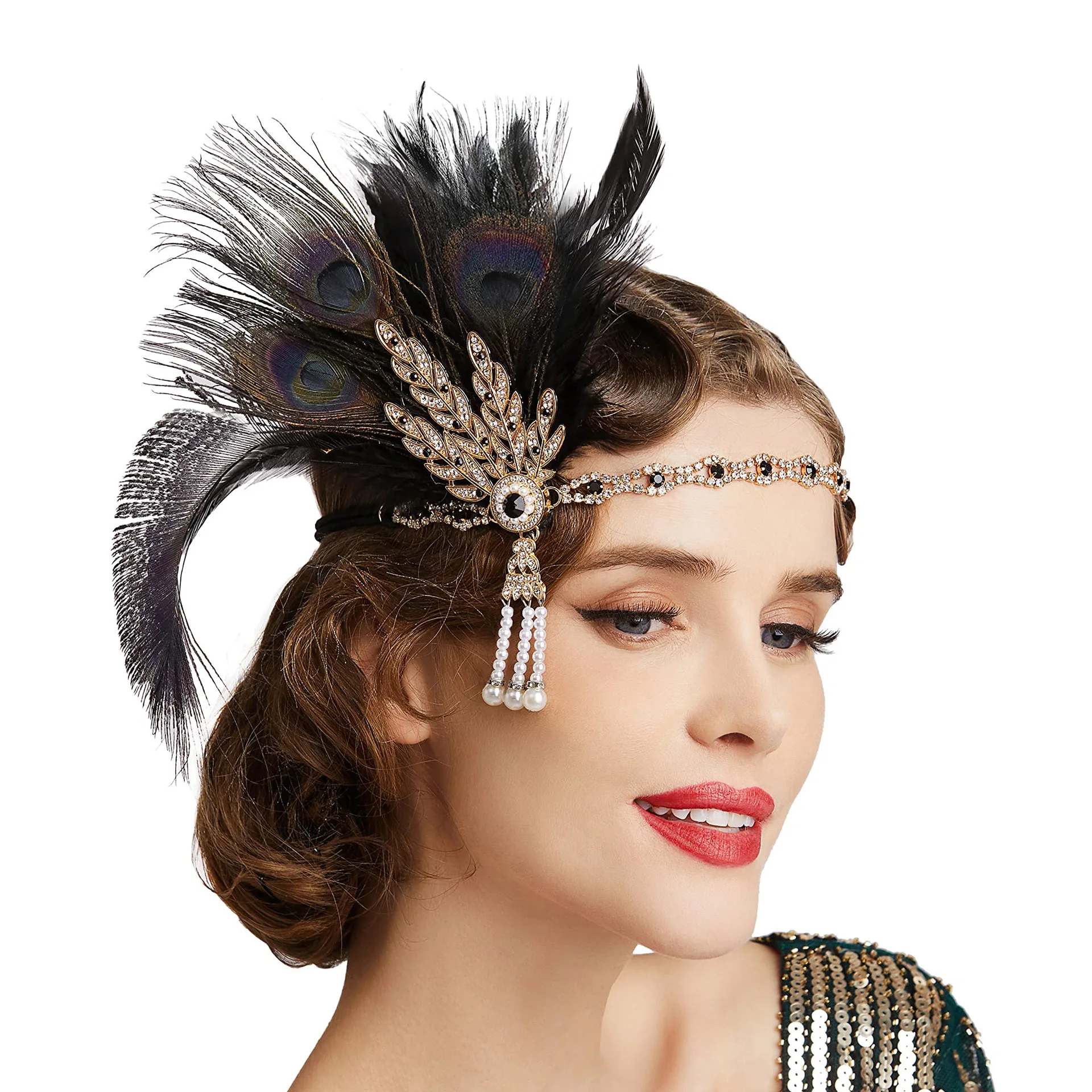 Neues Pfauenfeder Stirnband 1920er Jahre Flapeer Mädchen Kopfschmuck mit Strass Quaste Vintage Party Fotografie Haarschmuck – Detail 2