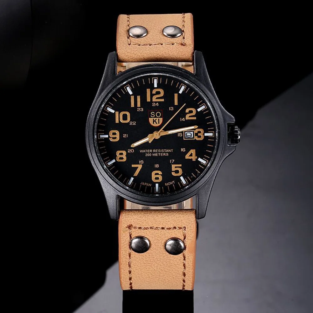 Clássico relógio de quartzo em aço inoxidável masculino, impermeável, pulseira de couro, relógio esportivo do exército, relógio digital fashion, vintage, data, 2024