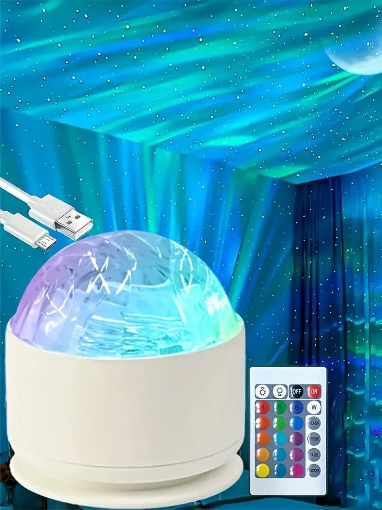 blue and green light projected on walls and ceiling from projector