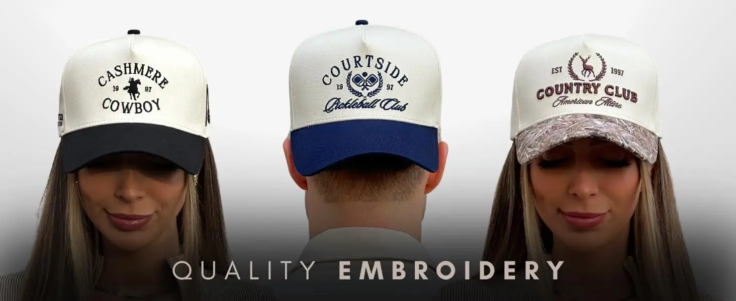 Quality Embroidery. 3D premium embroidery. Black, Navy, and Camo Stitching shown.