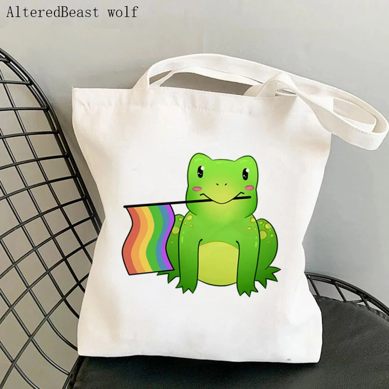 

Women Shopper bag Rainbow pride Flag Frog Lgtb Kawaii Bag Harajuku Shopping Canvas Shopper Bag girl handbag Shoulder Lady Bag