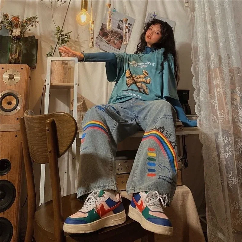 Blue Rainbow Jeans Women Streetwear Straight Jeans Female Cotton Cargo Pants Streetwear Loose Summer Harajuku Oversized Jeans