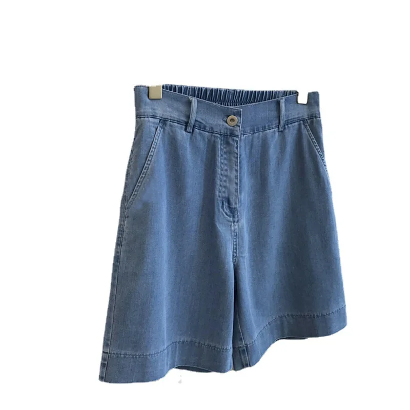 Hong Kong Style Retro Sense 2024 Summer New Style Casual and Cool Semi-elastic High-waisted Five-point Jeans Shorts for Women