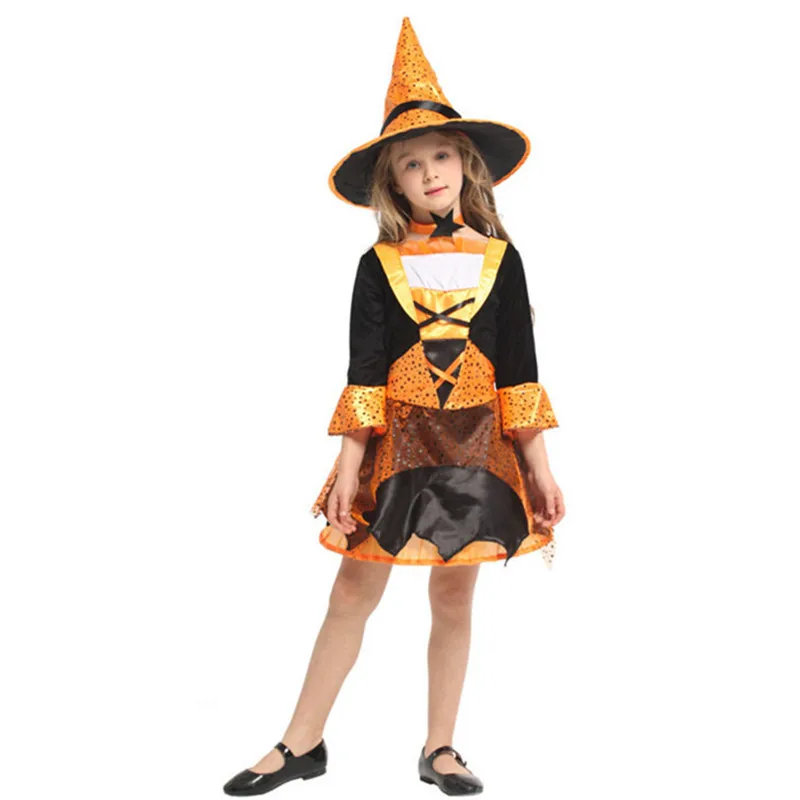 

Orange Gothic Girls Witch Cosplay Kids Children Halloween Sorceress Costumes Carnival Purim Parade Role Play Showing Party Dress
