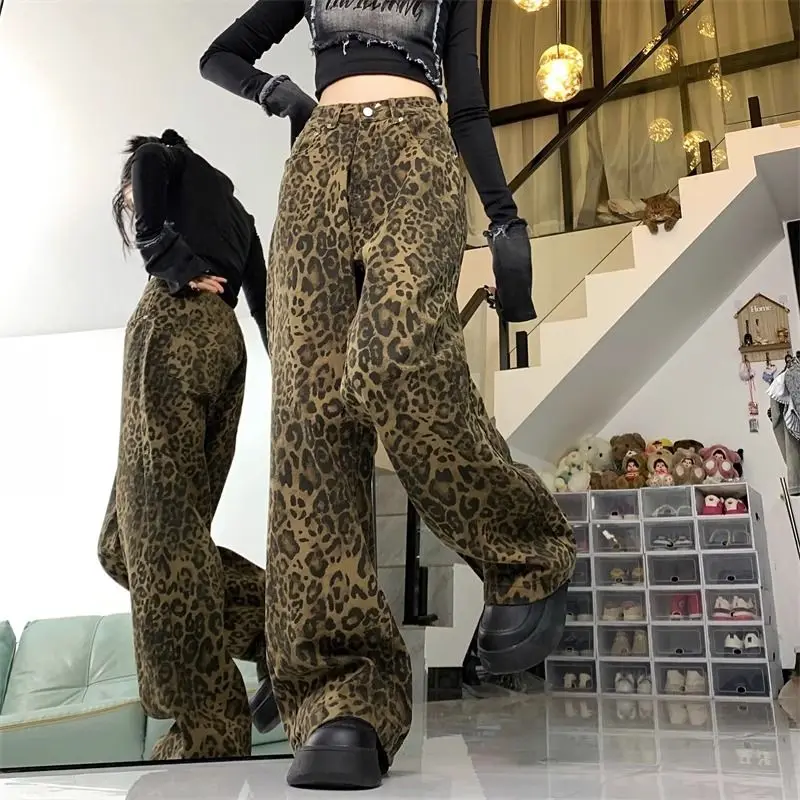Baggy Leopard Print Jeans Women Trousers 2024 New European And American Style Casual Wide Leg Pants Fashion Retro Straight Jeans