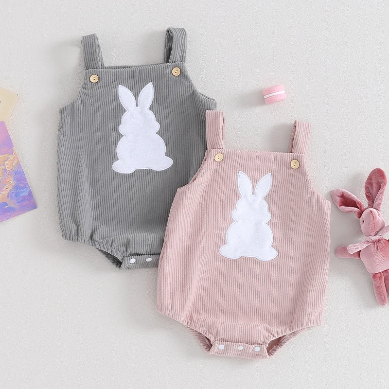 

Lovely Newborn Baby Boy Girl Easter Rompers Solid Corduroy Rabbit Pattern Sleeveless Button Jumpsuits Playsuits Infant Clothing