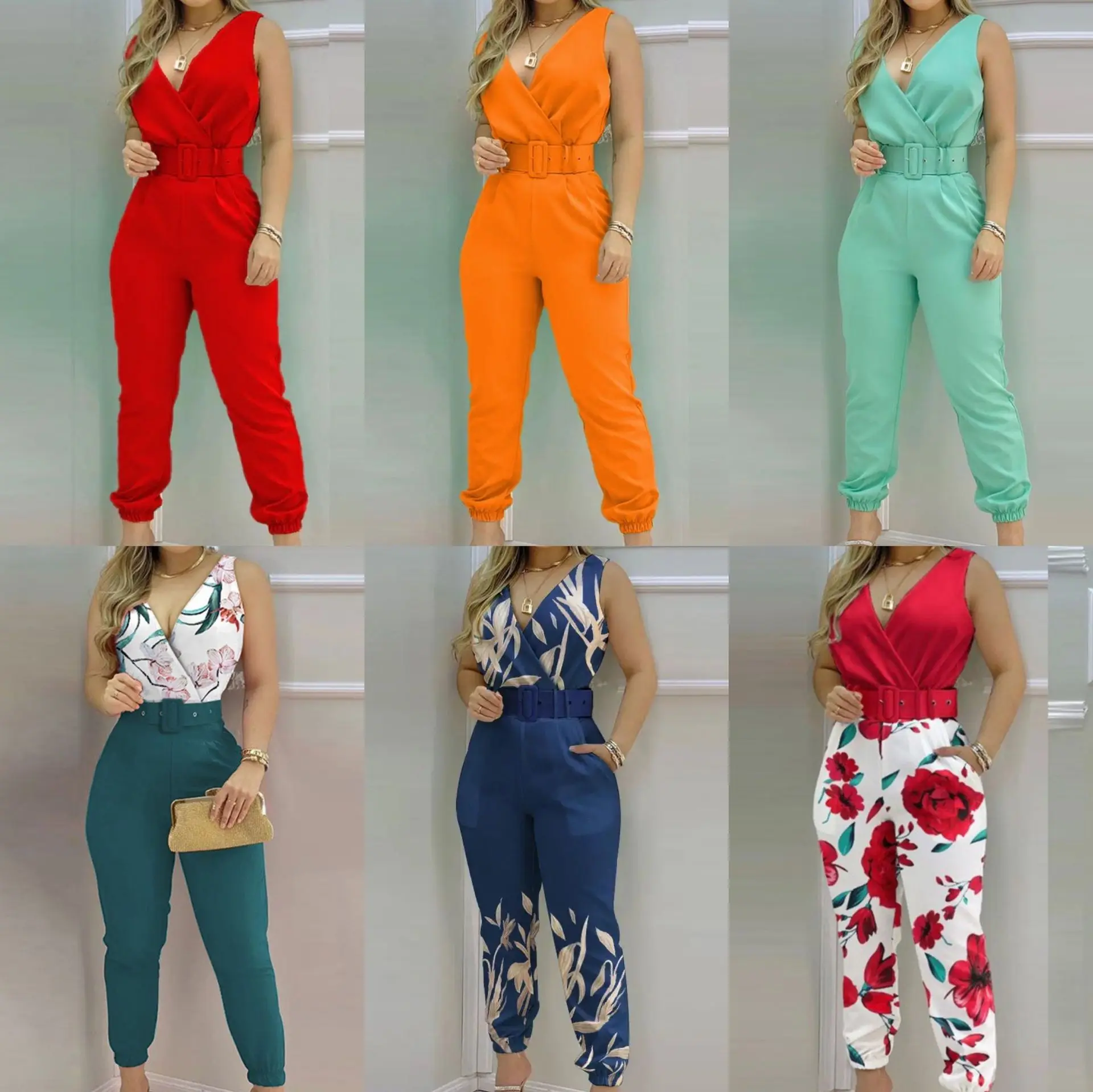 

Woman Sleeveless Jumpsuit Floral Printed V Neck Backless Casual Pocket Belt Bodysuit S-2XL 6Color