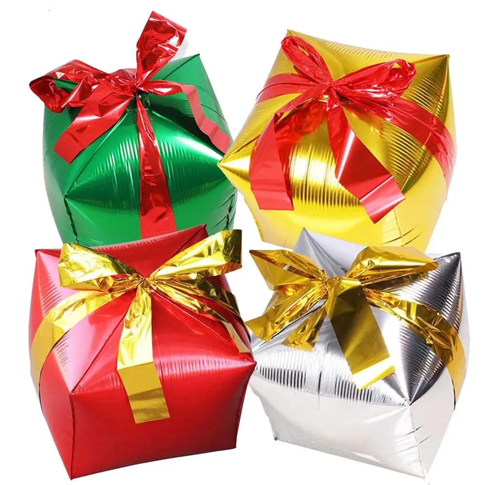 24 Zoll Weihnachtsgeschenk Folienballons Geschenkbox Würfel Aluminiumfolienballon für Neujahr 2025 Weihnachtsfeierdekoration
