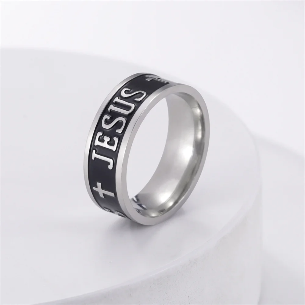 EUEAVAN Stainless Steel Jesus Cross Men Ring Black 8MM Wide Punk Hip-hop  Finger Rings Religious Christian Prayer Amulet Jewelry 4