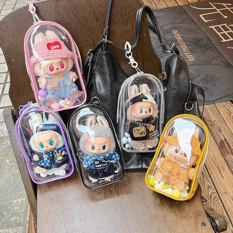 Colorful Transparent Protector Case Organizer Box for 17cm Labubu Plush Dolls Outdoor Display Bag With Keychain Doll Accessories plush dolls doll accessories
