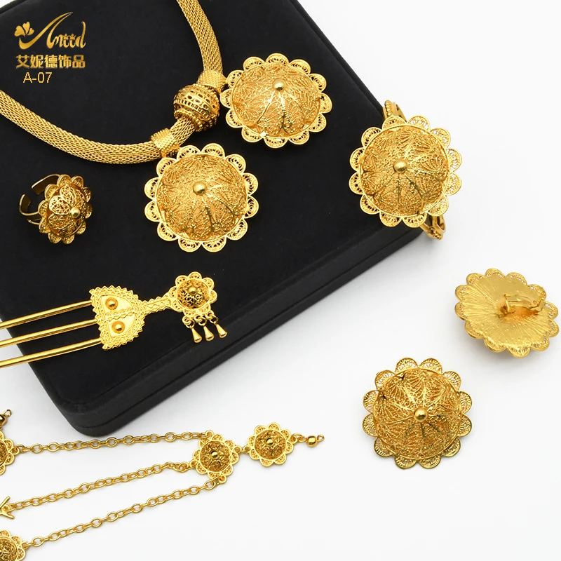 Bridal Jewelry Sets for ANIID Dubai Ethiopian Flower Shape Plated 6pcs for Women Nigerian Luxury Necklace Wedding Party Gifts