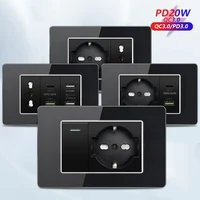 กระจกนิรภัยสีดำ อิตาลี ชิลี ปลั๊กไฟติดผนังแบบ USB Type C ชาร์จเร็วอัจฉริยะ แผงสวิตช์ไฟ Schuko ทีวี แซท คอมพิวเตอร์ CAT 2