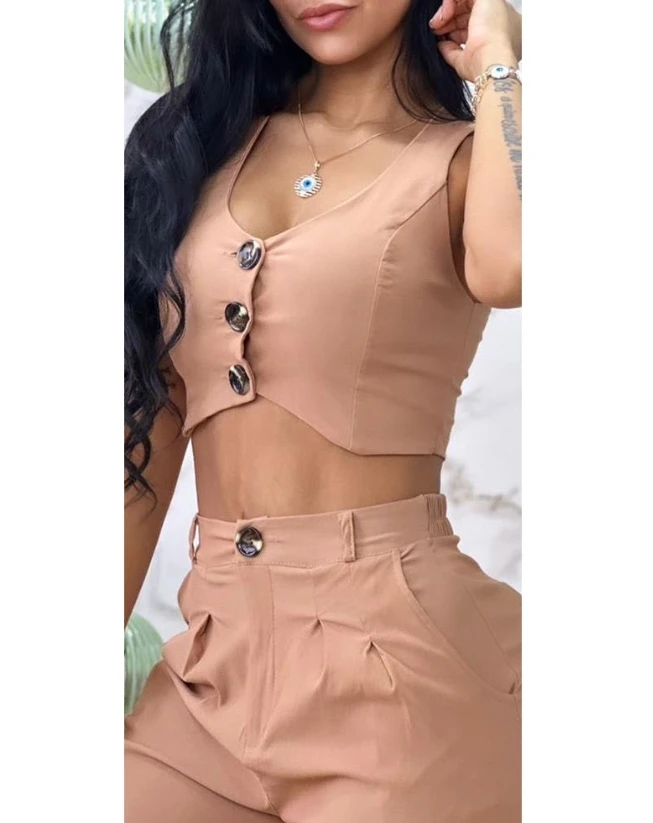 Two Piece Set Women Outfit 2024 Summer Fashion Sexy Buttoned Vest Crop Coat & Casual Elegant High Waist Wide Leg Pants Set