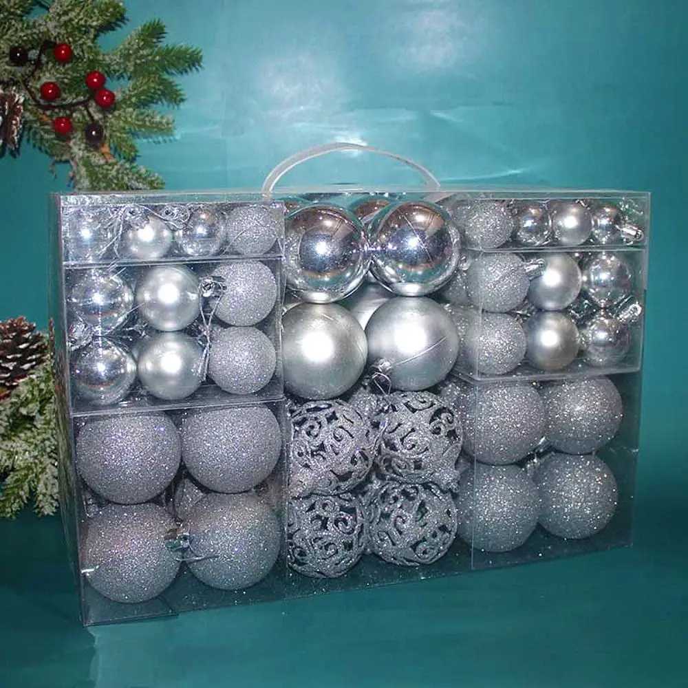 thumbnail image 1 of Juego de 100 bolas navideñas de plástico de moda, 8 cm, 18 colores, bolas de adorno navideñas suspendibles para fiestas, 1 of 5