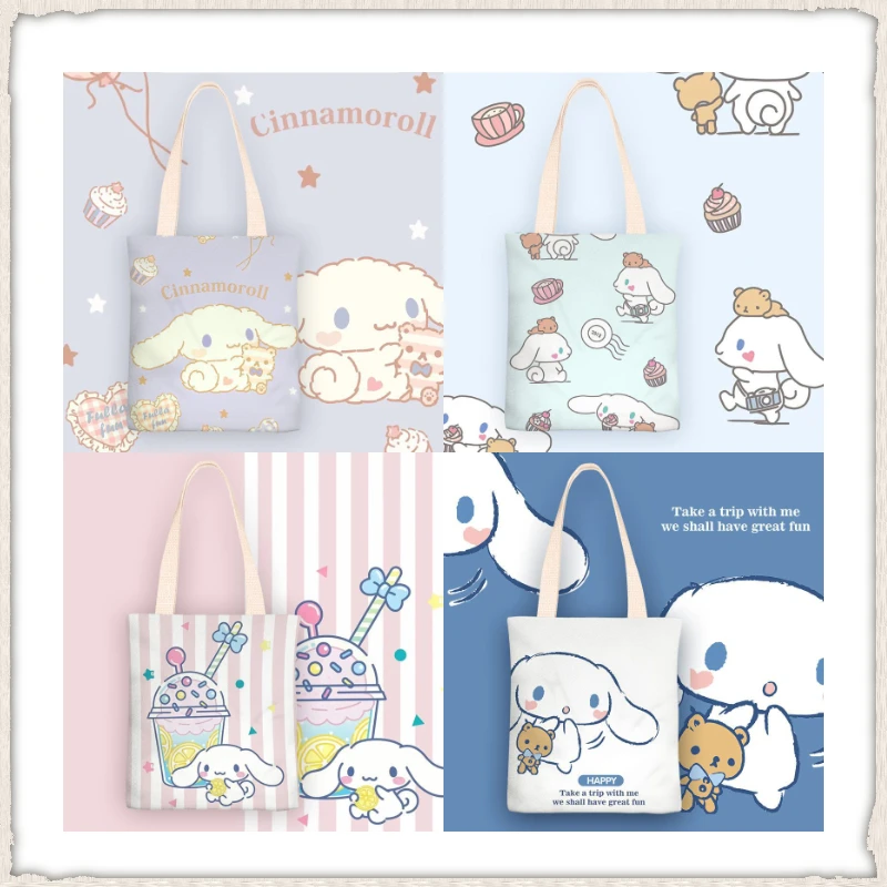 

Sanrio Cartoons Shoulder Bags with Zippered Inner Pocket Cinnamoroll Anime Printing Canvas Waterproof Girls Handbag Shopping Bag