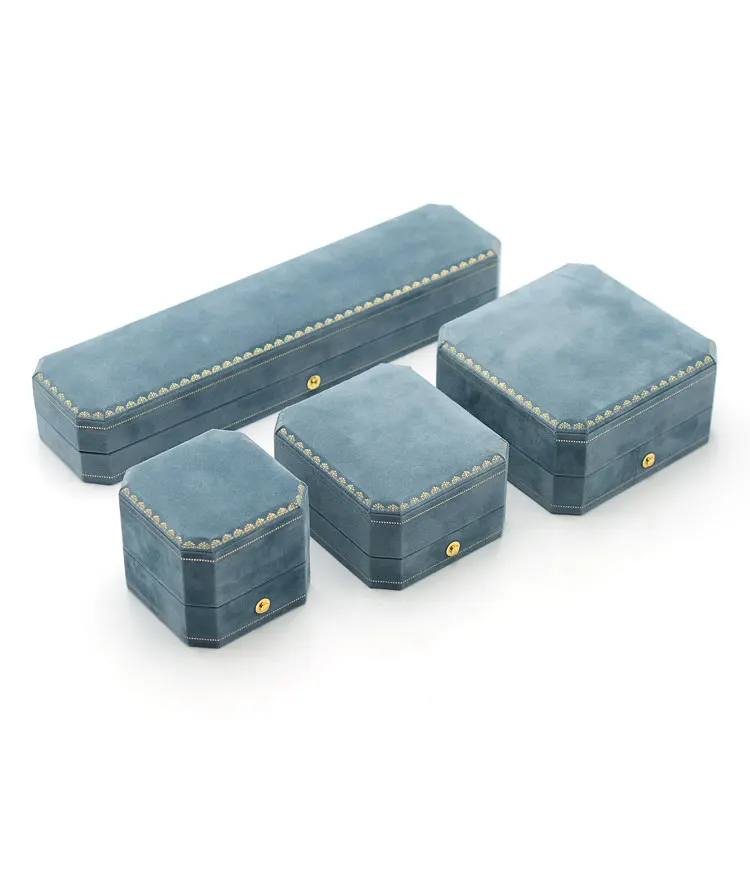 Octagonal Floral Jewelry Box Light Blue Velvet Lined Ring Holder Bracelet Necklace Organizer Gift Box for Wedding Proposal