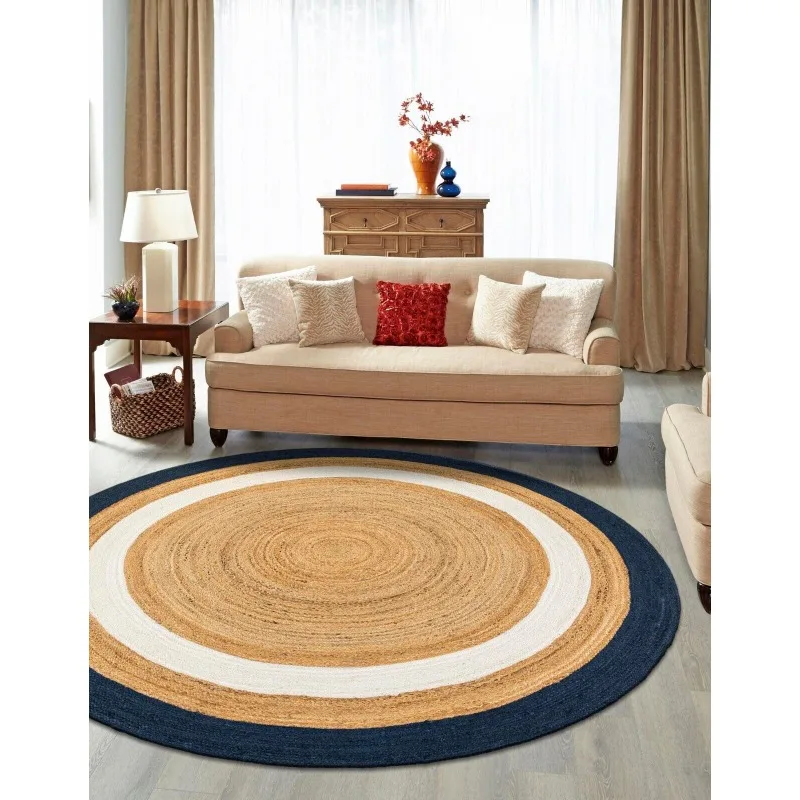 

Rug 100% Natural Jute Carpet Round Reversible Modern Decor Living Room Area Rug