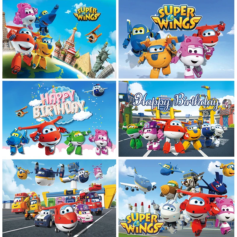 Super Wings Happy Birthday Fondale Cartoon Airplane Party Decoration Banner Per Bambini Baby Aircraft Plane Photo Background Puntelli