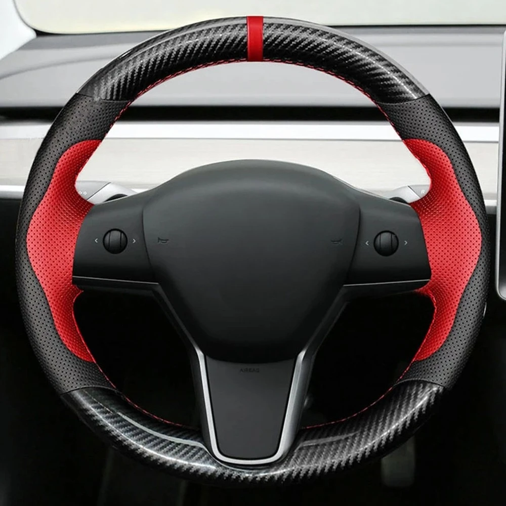 

Чехол рулевого колеса автомобиля прошитая вручную Нескользящая черная оплетка из натуральной кожи и углеродного волокна для Tesla model 3 2017-2021