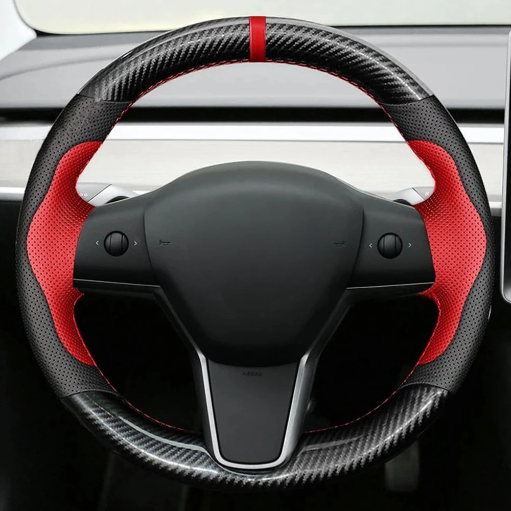 

Car Steering Wheel Cover Hand-Stitched Non-Slip Black Genuine Leather Carbon Fiber Braid For Tesla model 3 2017-2021