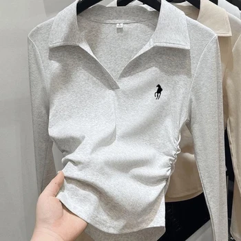 Polo Neck Embroidery Pleated Short Tops Spring Autumn Long Sleeve Slim All-match Casual T Shirts Fashion Vintage Women Clothing 1