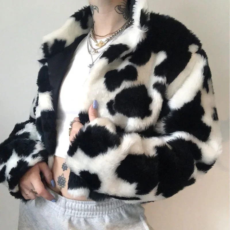 2021 Winter New Fashion Cow Pattern Warm Plush Cardigan Color-blocking Long-sleeved Gothic Women's Punk Style Faux Fur Coat