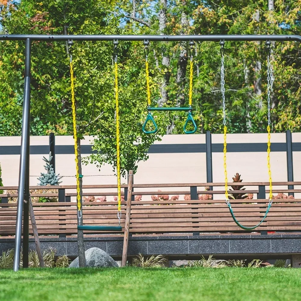 6&rsquo; Ultimate Adventure Kids Swing Set Extension Frame &ndash; Modular Metal Frame with 1 Belt Swing, 1 Flat Swing, & Trapeze Bar
