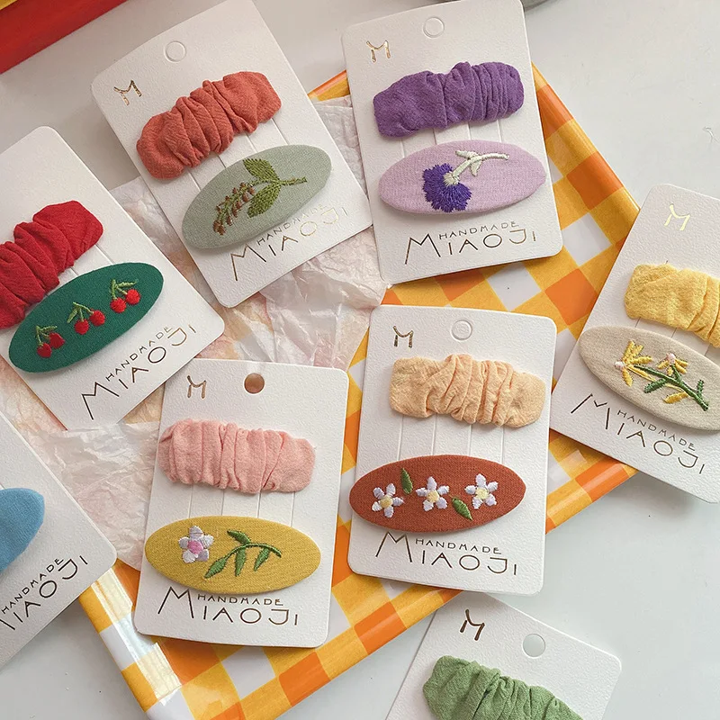 

Korean Sweet Lovely Oval Embroidered Cloth Art Children BB Hairpins Wrinkled Girls' Hearts All Kinds of Girls' Hair Accessories