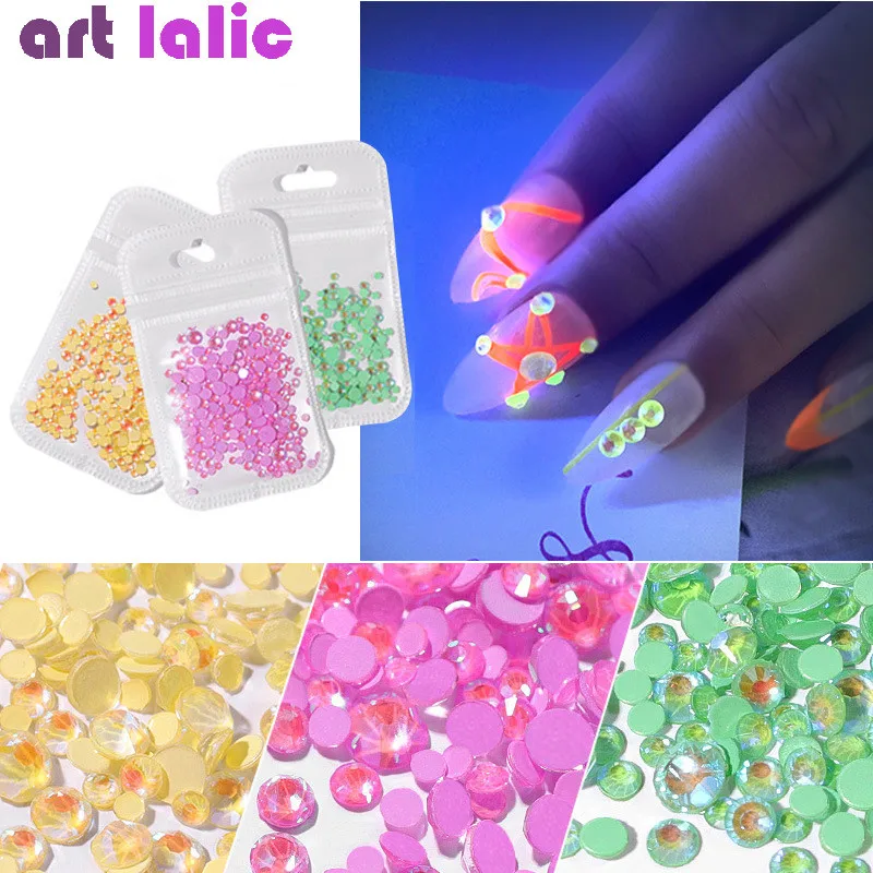 

1Pack Luminous Crystal AB Nail Rhinestones Mixed Size Glitter Glass Gem 3D Charm Flatback Strass Fluorescence Nail Art Decor