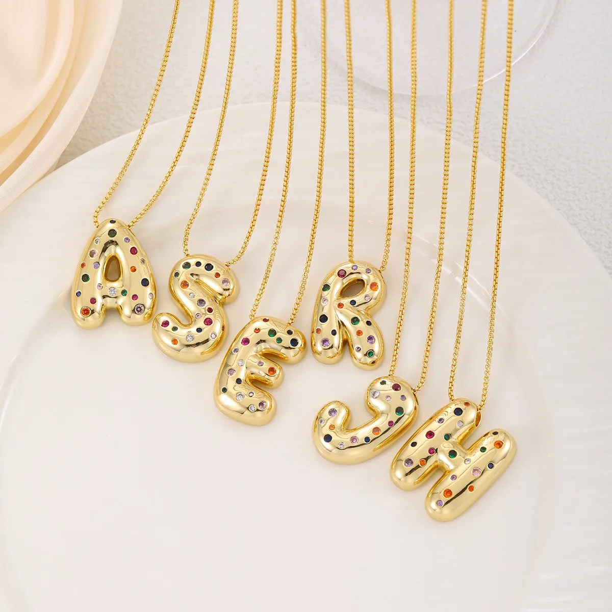A-Z Multicolour Zircon Chunky Letter Alphabet Pendant Necklace for Women Special Balloon Bubble Luxury Choker Jewelry Girls Gift