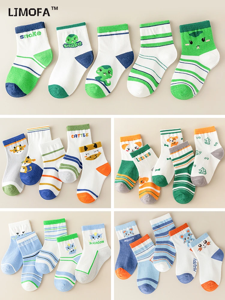 

LJMOFA 5Pairs New Children Socks Cotton Cute Cartoon Animal Pattern For Kids Baby Boy Socks Soft Warm Breathable Tube Socks C186