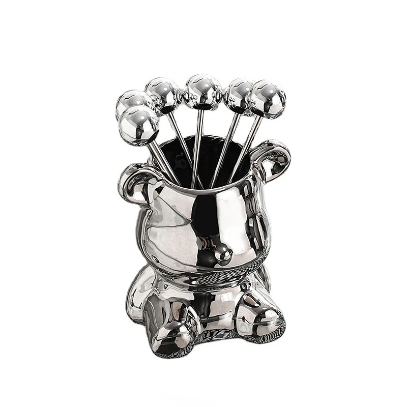 

Ceramic Bear Fruit Fork Set Light Luxury Fruit Stick Stainless Steel Fruit Forks Can Lovely and Creative Storage Tank Set