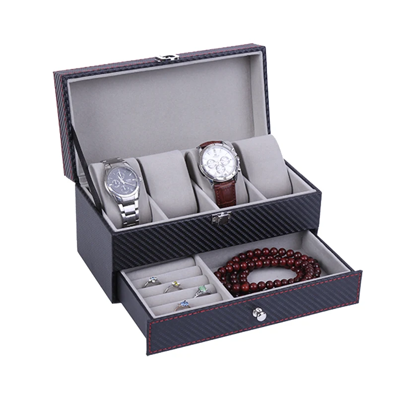 High Quality Carbon Fiber  Leather Case 4 Grid Double Layer Watch Box for Men and Women Jewelry  Organizer Display The Best Gift