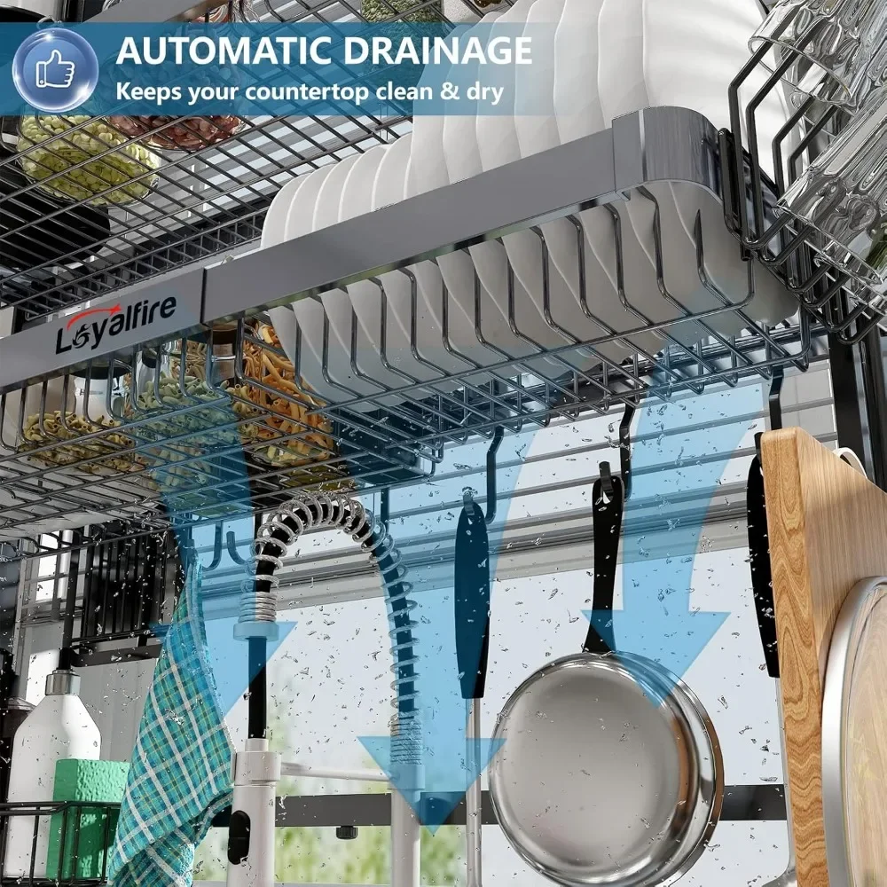 Over Sink Dish Drying Rack, 3 Tier Adjustable Length (20.87'' to 37.6'') Stainless Steel Large Storage Kitchen Dish Rack 5