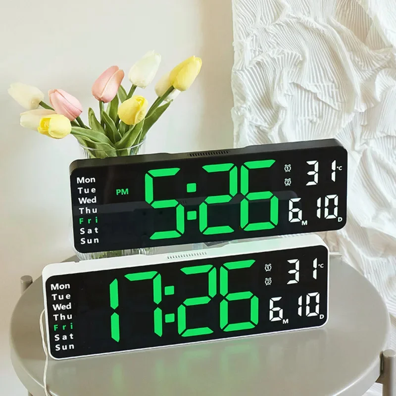 

Home Decoration Electronic LED Large Digital Wall Clock Remote Control Temp Date Display Brightness Adjustable Dual Alarms Clock