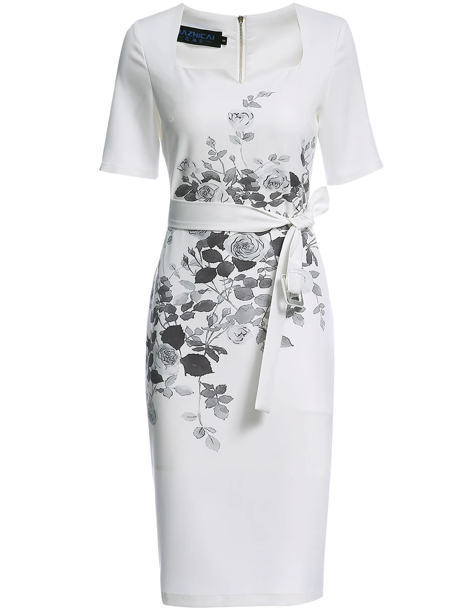 

Summer Slip Straight Dress Pencil Dress with Sashes Floral Short Sleeve Dresses Office Lady Party Evening Clothing Knee-Length