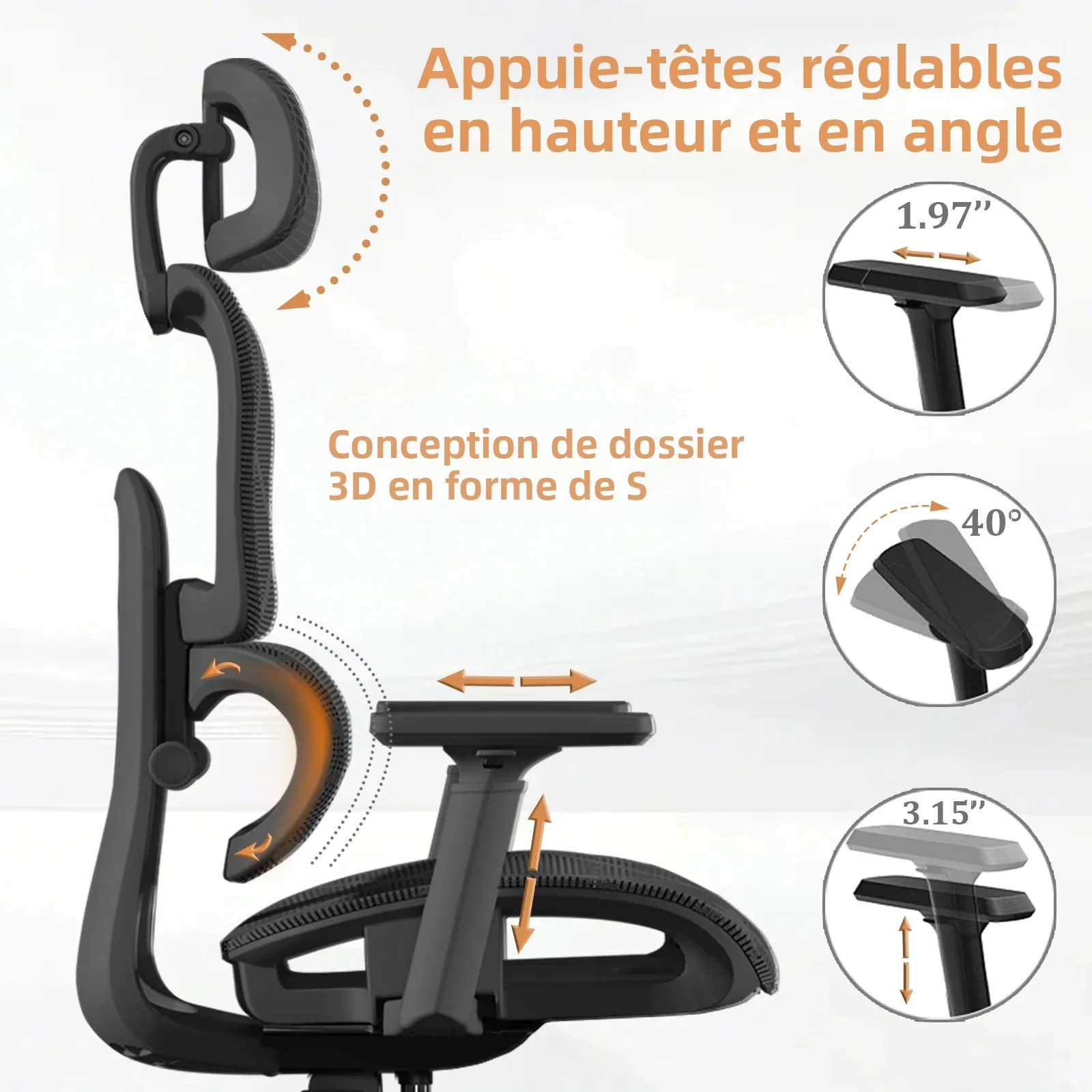 chaise de bureau ergonomique avec support lombaire et coussin pour le cou, accoudoirs rembourrés doux, maille respirante, réglage de la hauteur multi positions, confort Chaise de bureau ergonomique avec support lombaire et coussin pour le cou, accoudoirs rembourrés doux, maille respirante, réglage de la hauteur multi-positions, confort 5