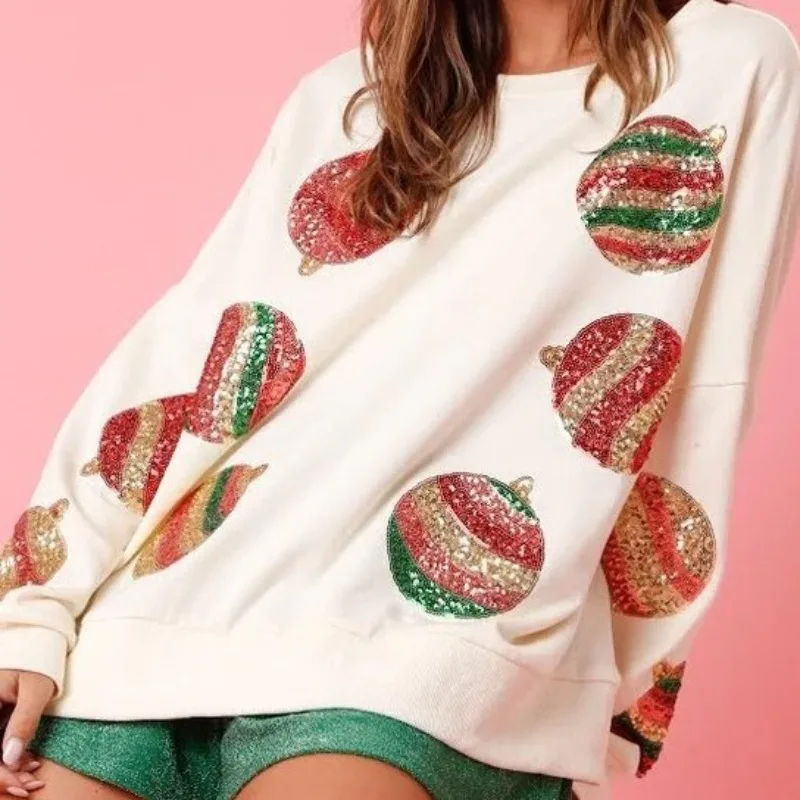 

Women's 2023 New Autumn and Winter Bead Embroidery Fashion Round Neck Long Sleeve Sequin Spliced Christmas Sweetheart for Women