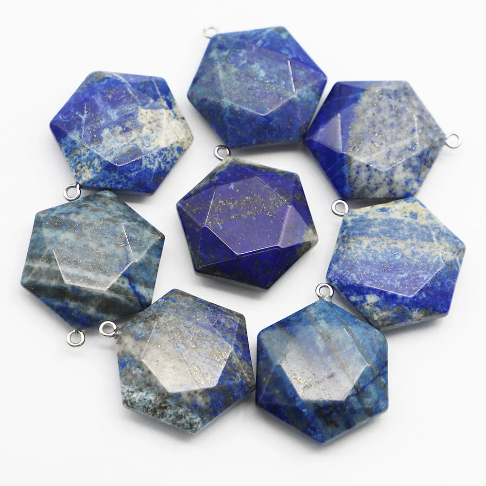 Good Quality New Natural Stone Lapis Lazuli Hexagon Faceted Necklace Pendants Charms Jewelry Accessories Making Wholesale 6Pcs