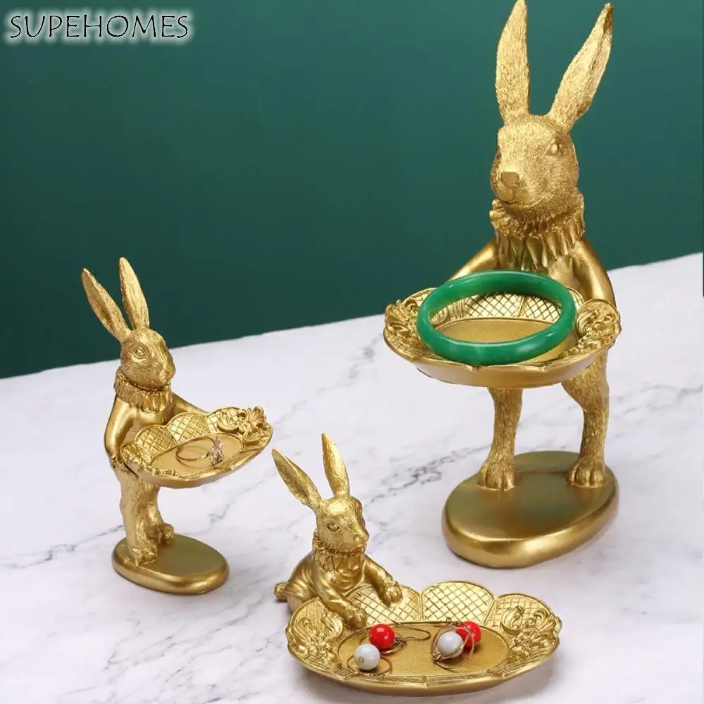 Cute Gold Bunny Statue Jewelry Ring Tray Easter Bunny Resin Statue Plate Miniature Tray Home Table Table Decorations