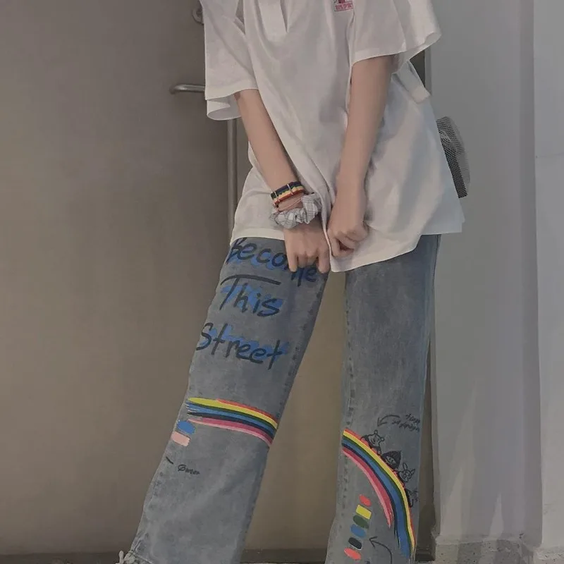 

High Waist Slim Wide Leg Pants High Street Rainbow Graffiti Chic Y2k Jeans Vintage American Style Streetwear Hip Hop Vaqueros