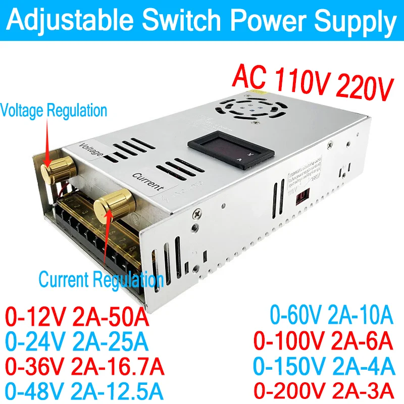 0-12V 볼트 DC 전원 공급 장치 LED 드라이버 AC 220V 12V 24V 36V 48V 60V 100V 150V 600W 디지털 디스플레이 조정 가능한 변압기