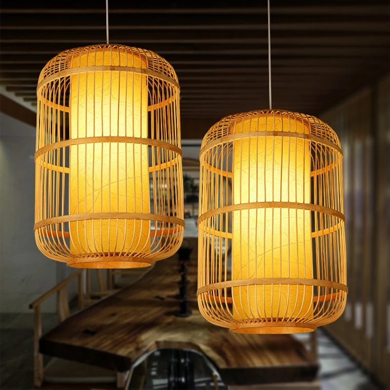 Nordic Simple Handmade Bamboo Chandelier Retro Birdcage Led Pendant