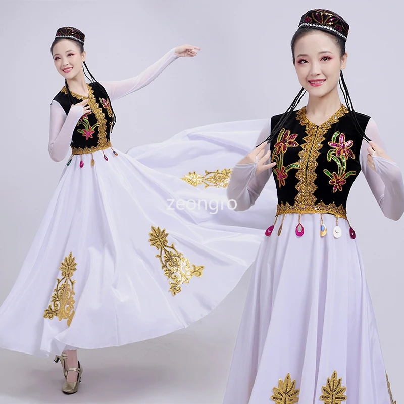 Elegante fantasia de dança Xinjiang para fêmea, vestido Uyur para performance de palco, dança folclórica asiática, adulto oblíquo, vestido chinês