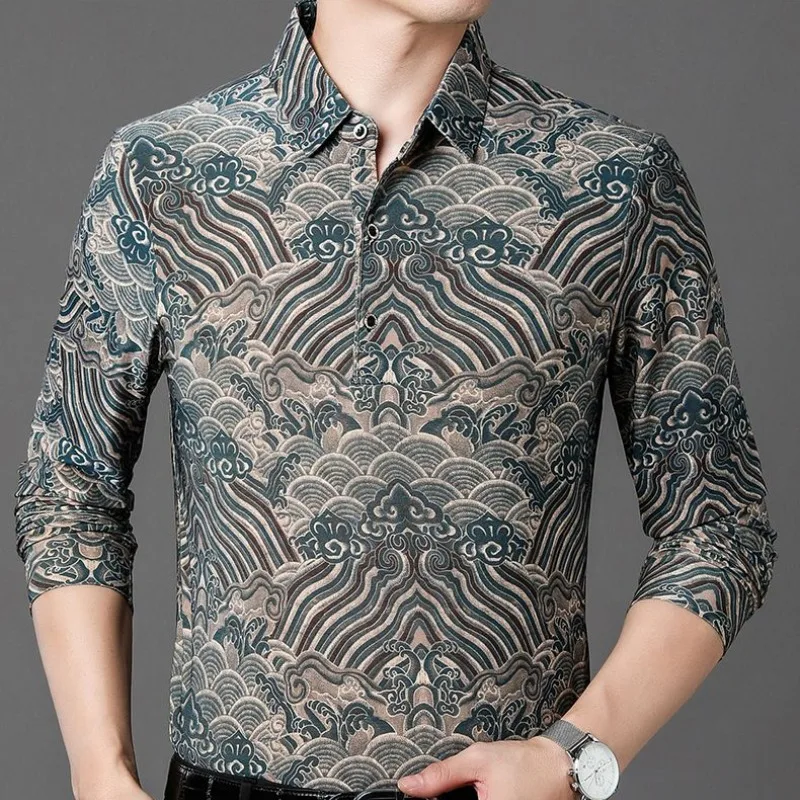 

Autumn New Men's Long Sleeve Turn-down Collar Button Fashion Business Loose Large Solid Color Printed Pullover Polo Shirts Tops