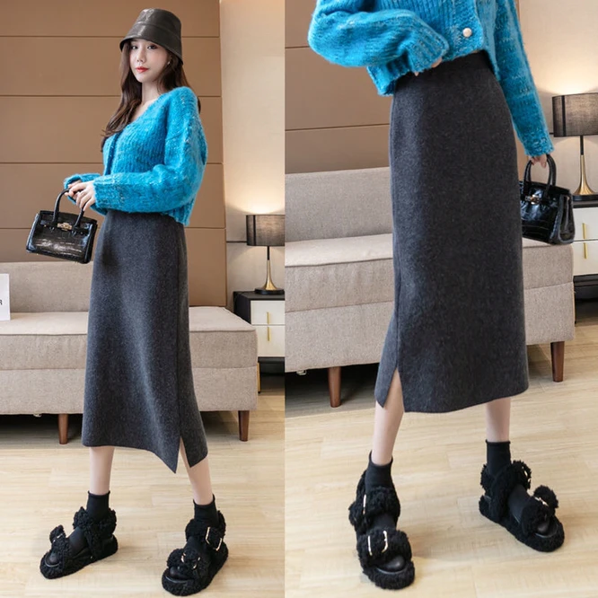

2022 Autumn Winter Women's Skirt Gray Split Knit Medium Length High Waist A-line Skirt Hip Wrap Skirt Girls Commute